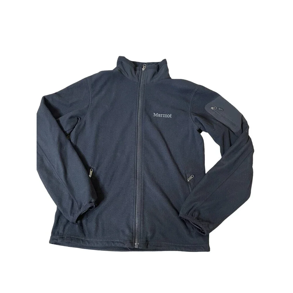 Marmot fleece jacket black full zip thumb holes active wear chore running SZ SM